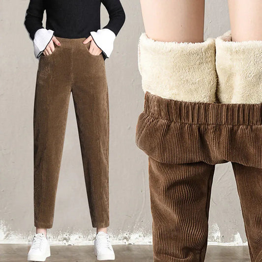 OCW Women High Waist Corduroy Warm Plush Inside Comfortable Winter Pants