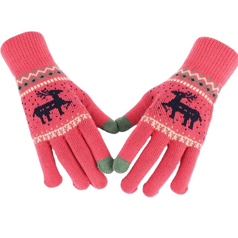 OCW X-Mas Thermal Gloves Knitted Thick Super Warm Deer Printed Full Fingers Touch Screen