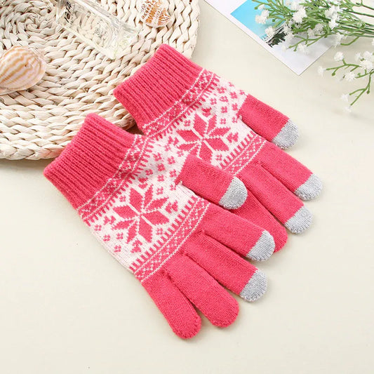 OCW Unisex Touch Screen Knitted Thick Warm Full Finger Snowflake Printed Winter Gloves