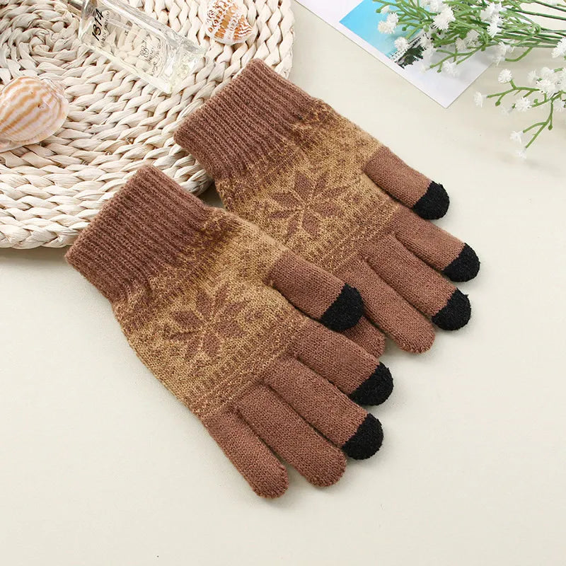 OCW Unisex Touch Screen Knitted Thick Warm Full Finger Snowflake Printed Winter Gloves