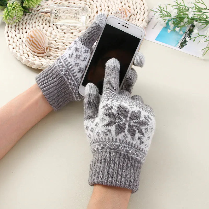 OCW Unisex Touch Screen Knitted Thick Warm Full Finger Snowflake Printed Winter Gloves