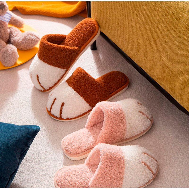 OCW Winter Indoor Slippers Cute Cat Paw Women Furry Plus Warm Soft Slides