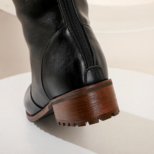OCW Women Knee High Boots Round Toe Zipper Low Heel Genuine Leather