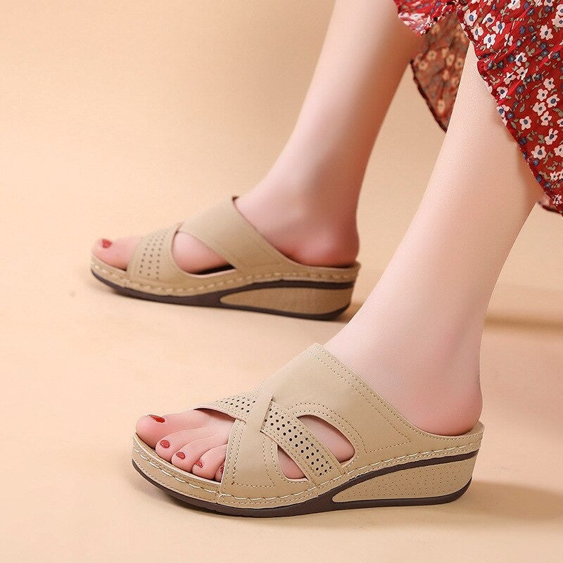 OCW Women Casual Retro Stitching Hand Made Hollow Breathable Comfy Wedges Sandals