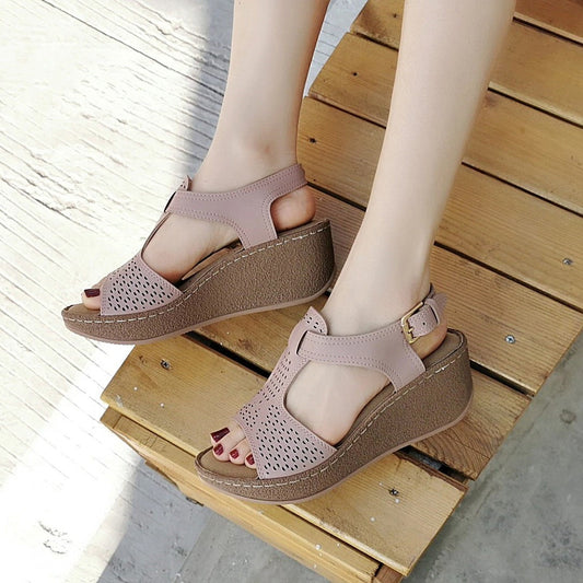 OCW Wedge Leather Sandals For Women Casual Breathable Hollow Out