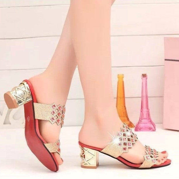 OCW Chunky Heel Sandals For Women Comfy Rhinestone Light Fashionable Footwear