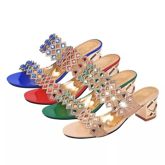 OCW Chunky Heel Sandals For Women Comfy Rhinestone Light Fashionable Footwear