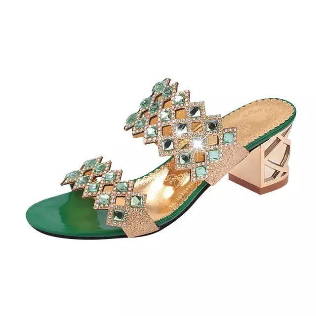 OCW Chunky Heel Sandals For Women Comfy Rhinestone Light Fashionable Footwear