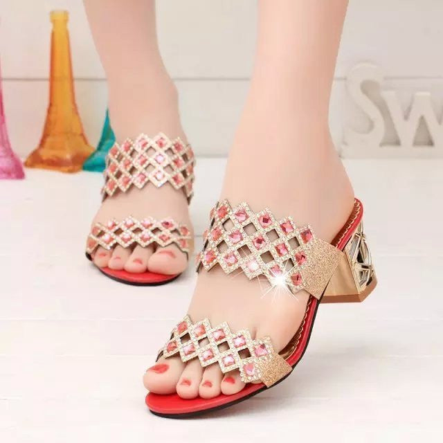 OCW Chunky Heel Sandals For Women Comfy Rhinestone Light Fashionable Footwear