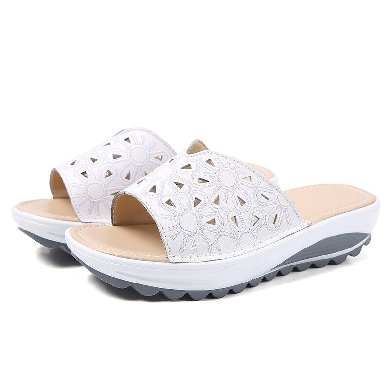 OCW Genuine Leather Slippers Platform Wedges Casual Soft Sandals For Women