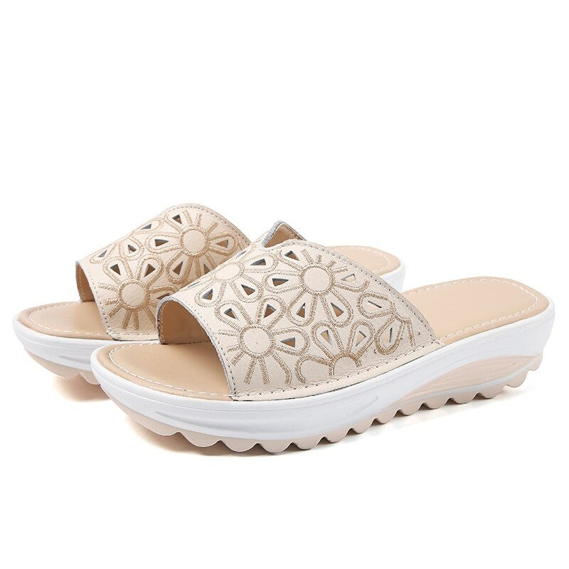 OCW Genuine Leather Slippers Platform Wedges Casual Soft Sandals For Women