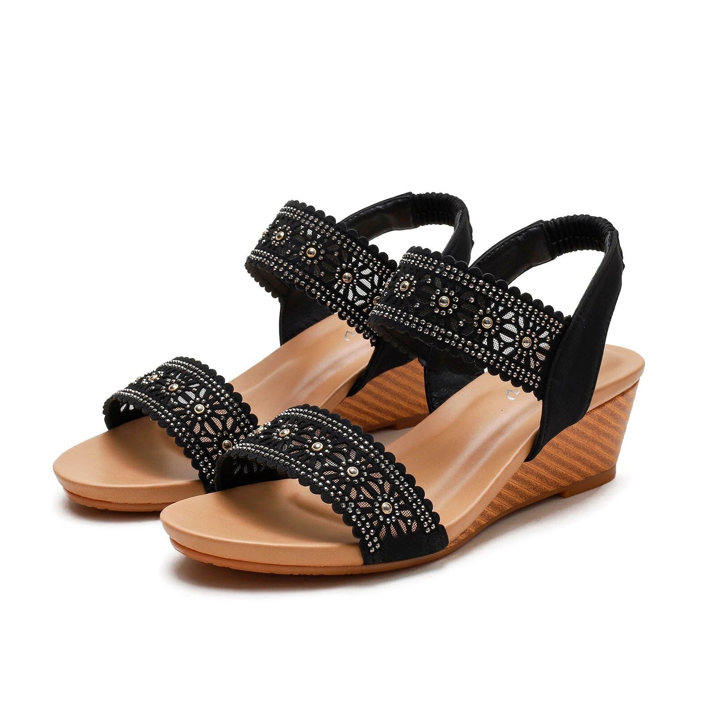 OCW Casual Comfy Soft Sandals For Women Breathable Hollow Rhinestone Embellished Wedges