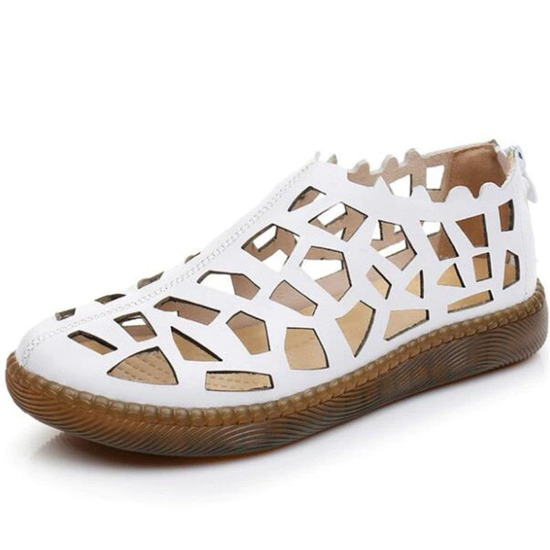 OCW Summer Leather Hollow Women Shoes Sandals Casual Flat Soft Sole Comfortable Sandals