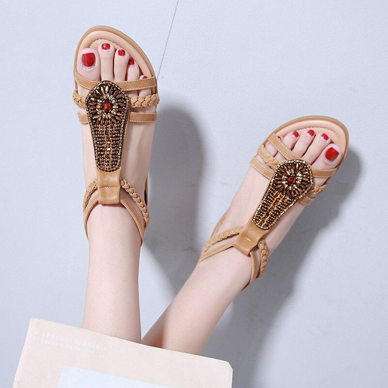 OCW Bohemia Rhinestone Sandals For Women Beach Summer Soft Leather