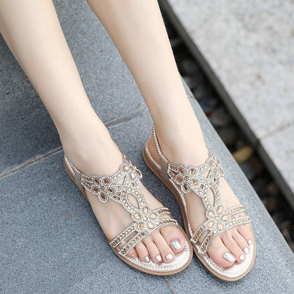 OCW Crystal Sandals For Women Flat Summer Casual Rhinestone Floral
