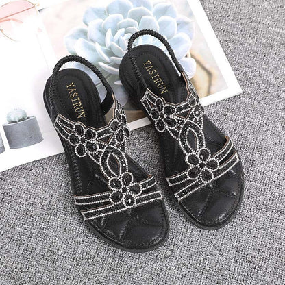 OCW Crystal Sandals For Women Flat Summer Casual Rhinestone Floral