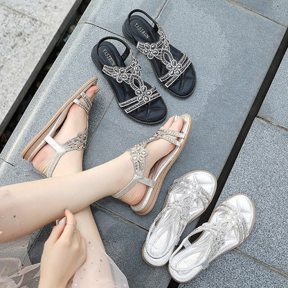 OCW Crystal Sandals For Women Flat Summer Casual Rhinestone Floral