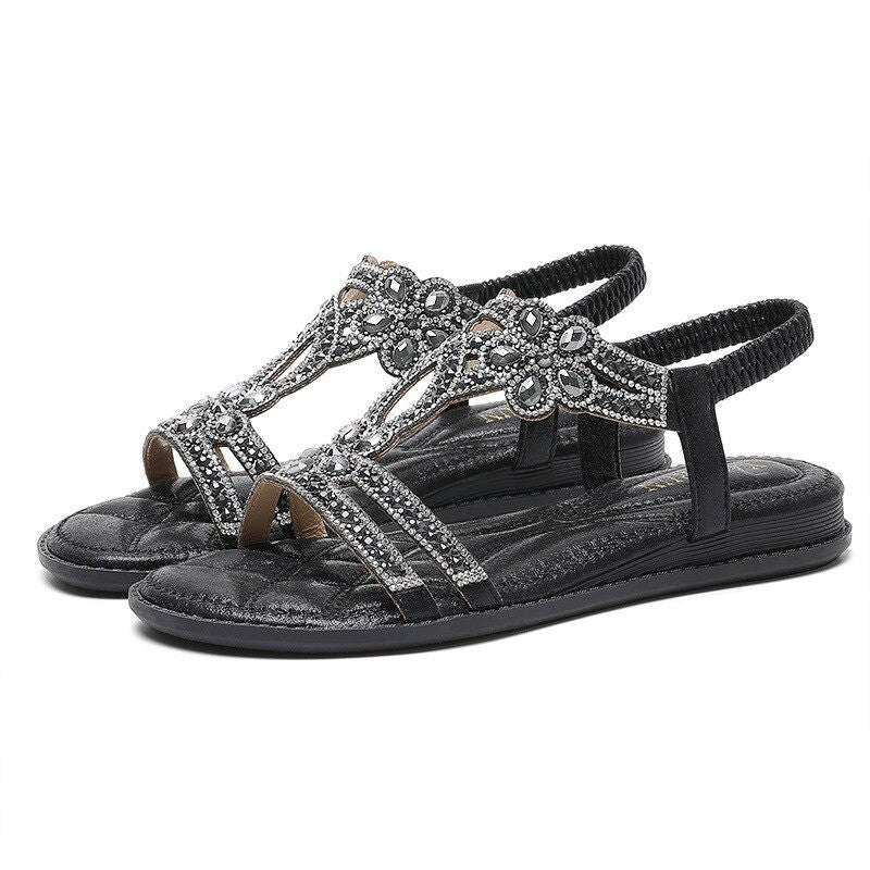 OCW Crystal Sandals For Women Flat Summer Casual Rhinestone Floral