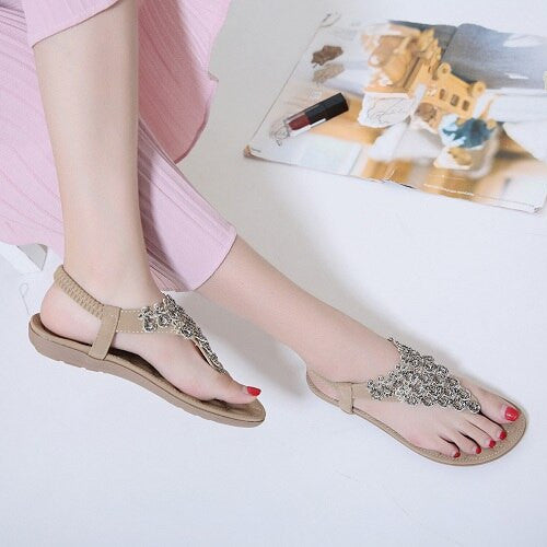 OCW Rhinestone Sandals For Women T-strap Flat Anti-shock Stylish For Summer