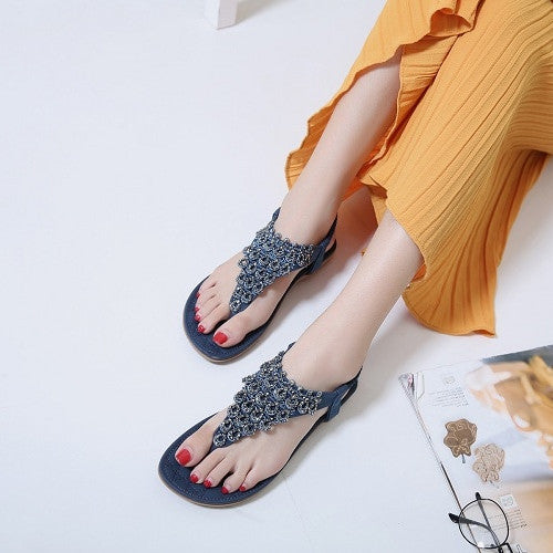 OCW Rhinestone Sandals For Women T-strap Flat Anti-shock Stylish For Summer